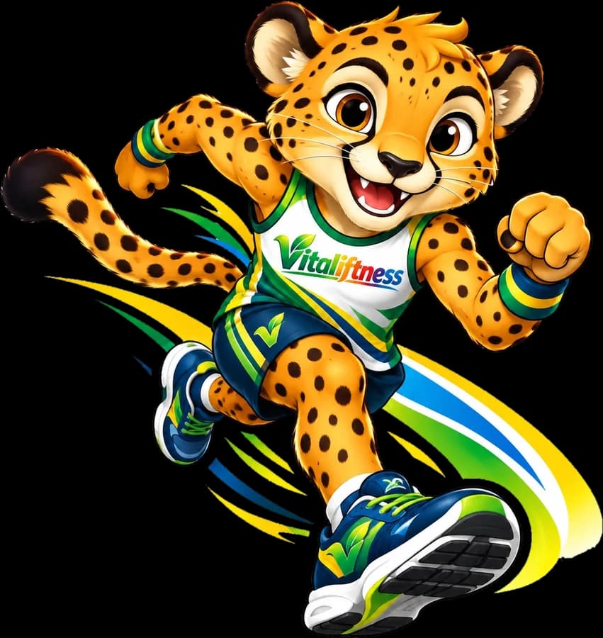 The Vitaliftness cheetah mascot running
